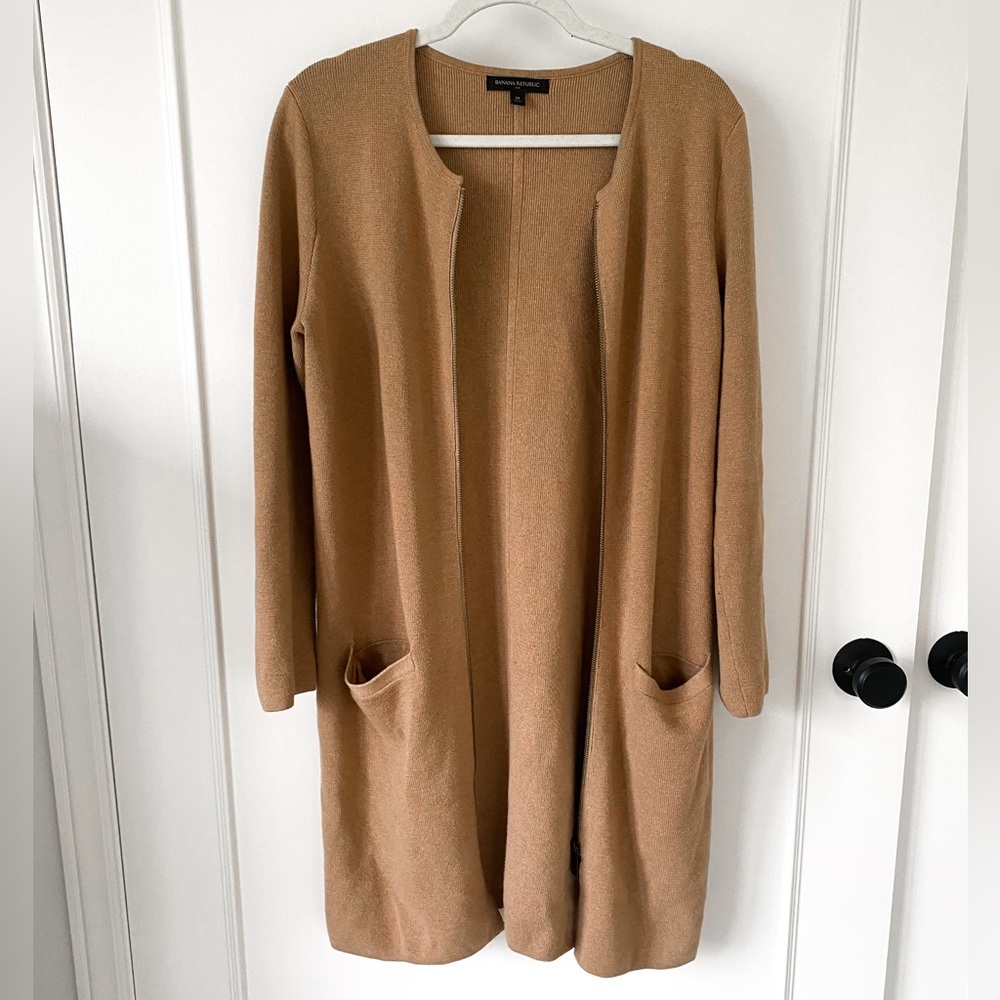 Banana Republic Size Medium Longline Duster Zip-up Sweater Camel Cardigan